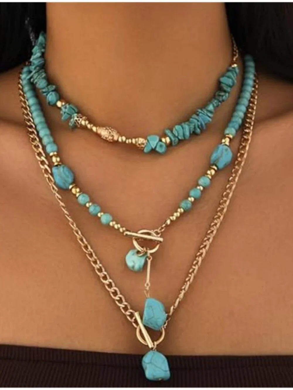 Chunky Turquoise Necklace Gold Tone Western Boho Statement Jewelry Women